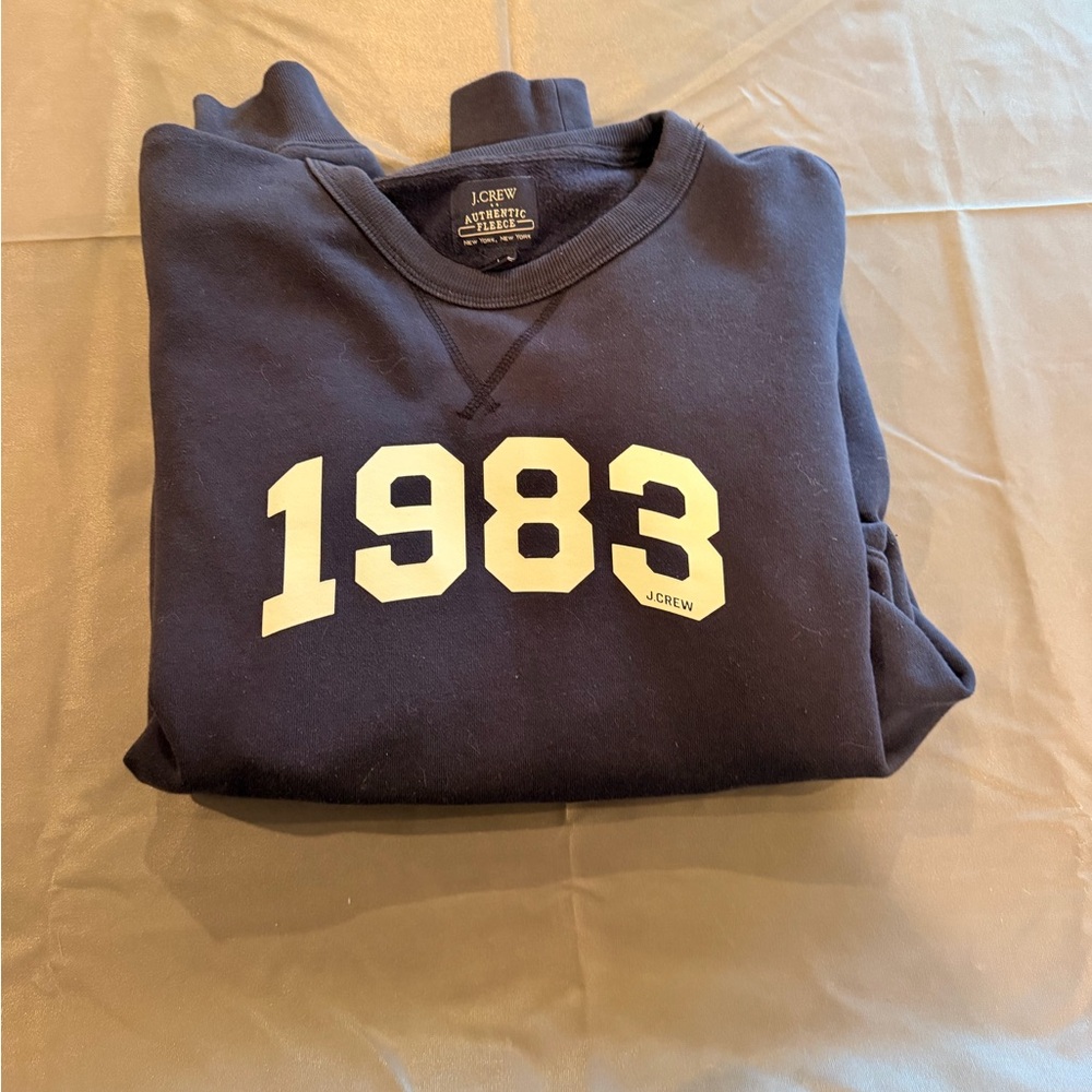 J. Crew Men's Dark Blue Crewneck Sweater with 1983 Design